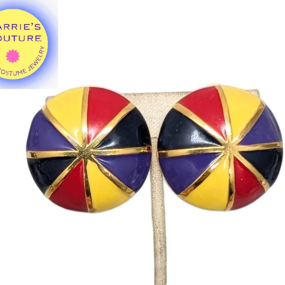 Vintage 1980s Signed Escada Round Domed Multicolor Enamel Clip Earrings